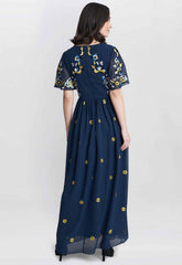 Gina Bacconi Navy Embroidered Dress With Flowers