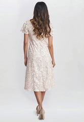 Gina Bacconi Peach Mylene Embroidered Floral A-Line Midi Dress