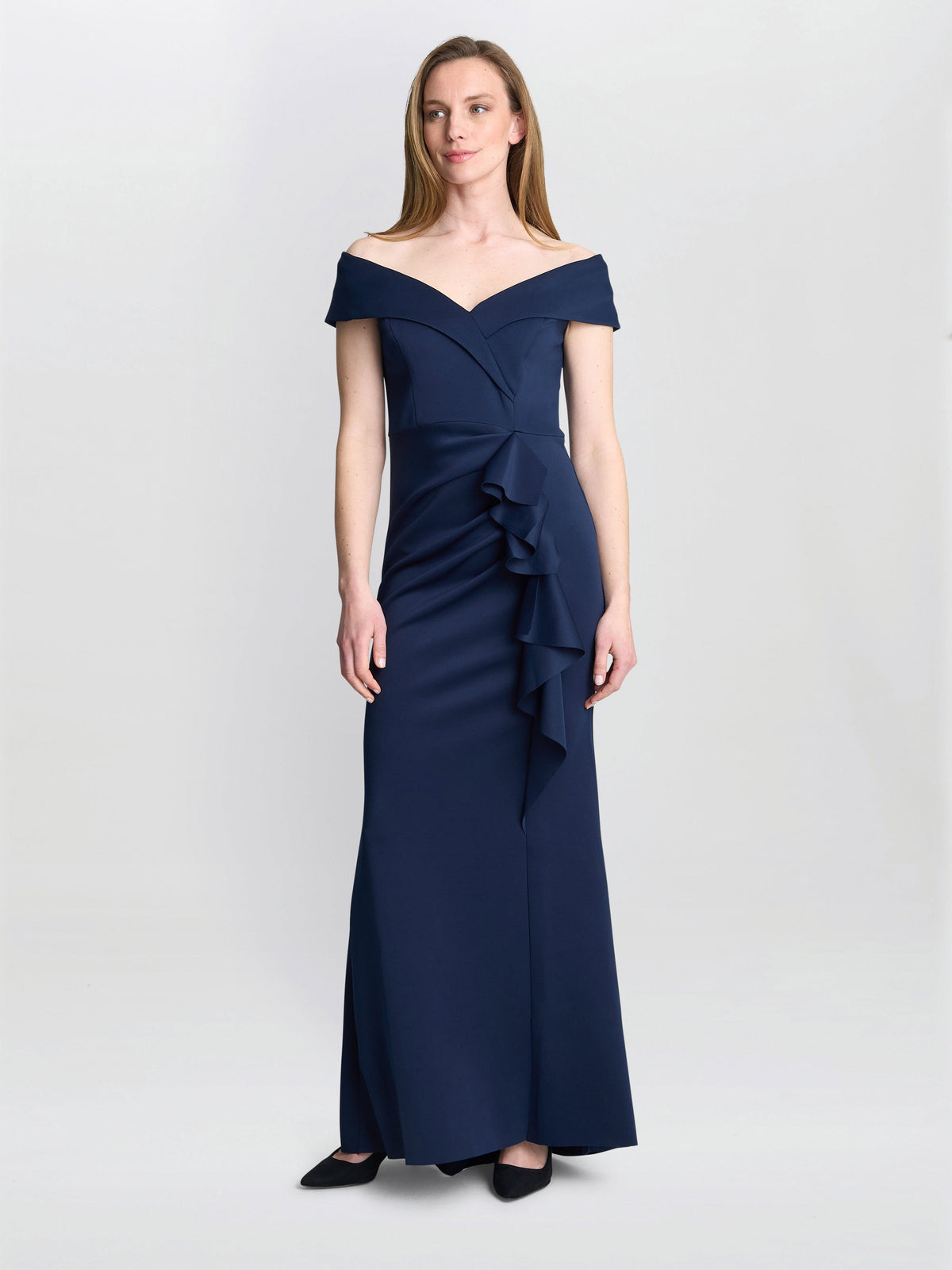 Gina Bacconi Victoria Maxi Dress With Side Ruching in Midnight