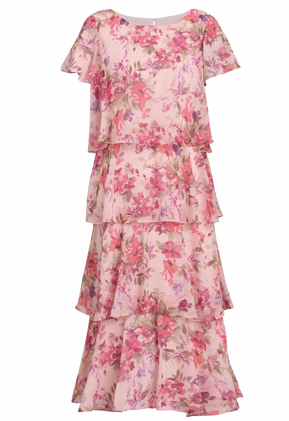 Gina Bacconi Peach Essie Midi Length Printed Tier Dress
