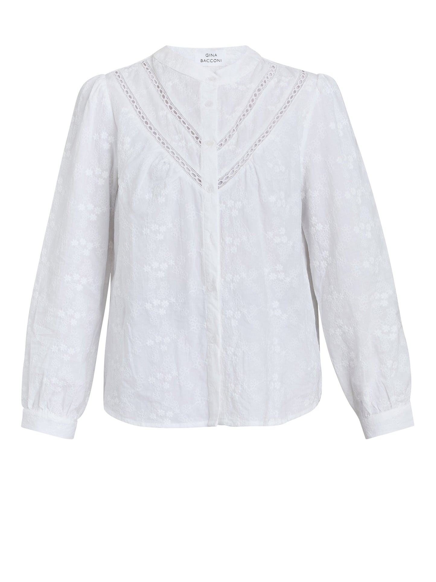 Gina Bacconi White Cindi Embroidered Cotton Collarless Shirt