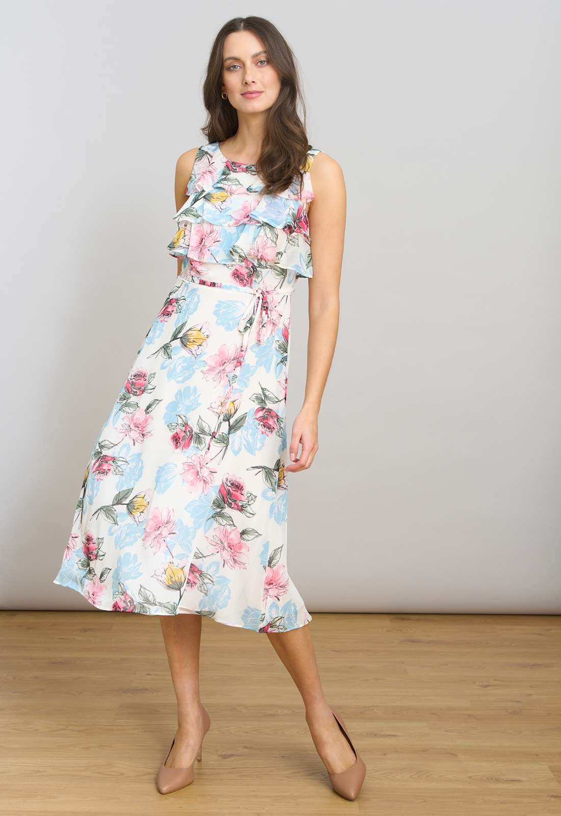 Gina Bacconi WHITE / MULTI Tulisa Sleeveless Floral Midi Dress