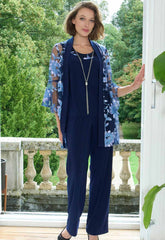 Gina Bacconi Navy Dorris Three Piece Trouser Suit With Embroidered Jacket