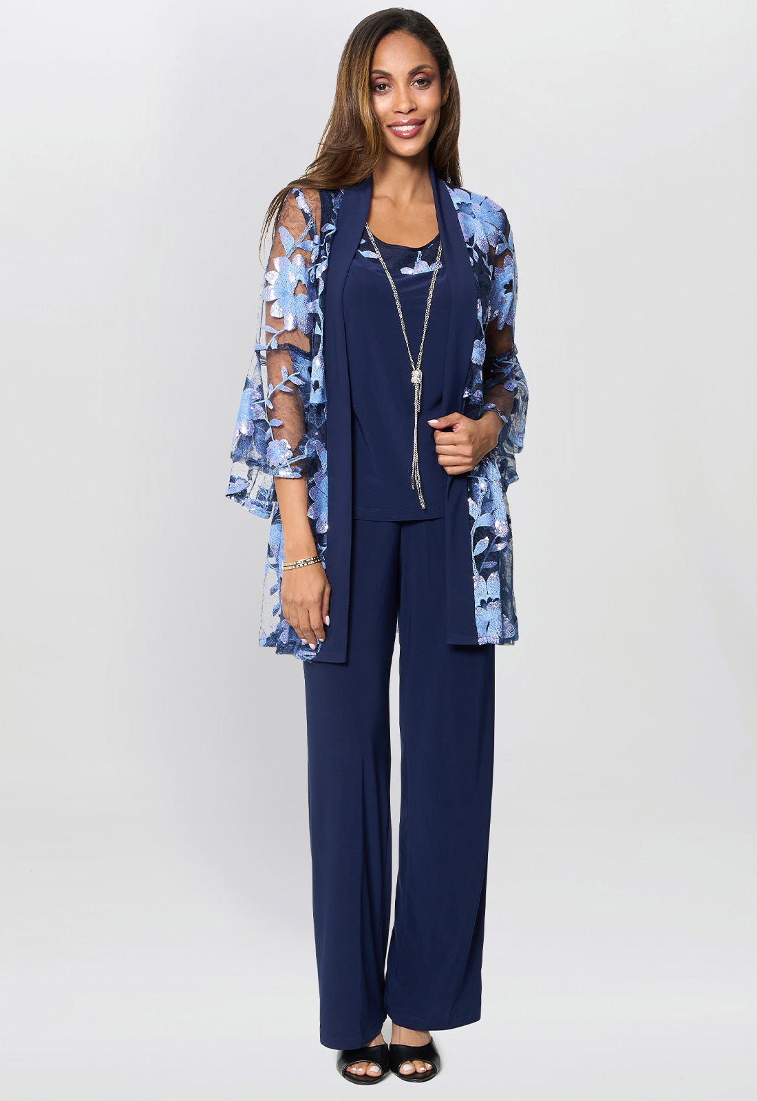 Gina Bacconi Navy Dorris Three Piece Trouser Suit With Embroidered Jacket
