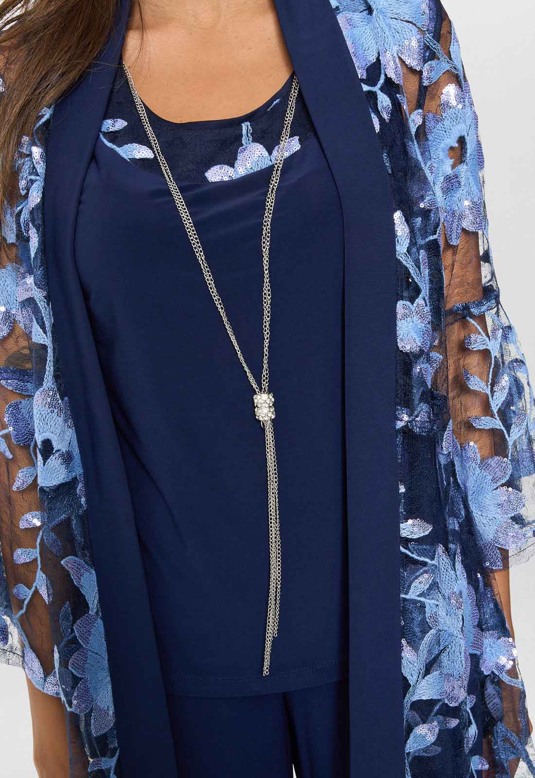 Gina Bacconi Navy Dorris Three Piece Trouser Suit With Embroidered Jacket