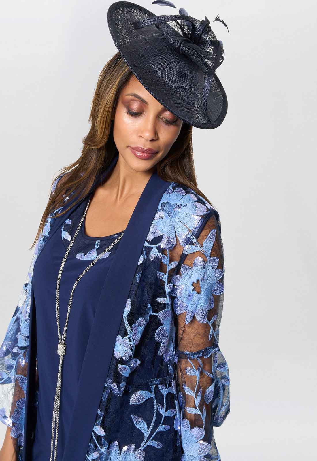 Gina Bacconi Navy Dorris Three Piece Trouser Suit With Embroidered Jacket