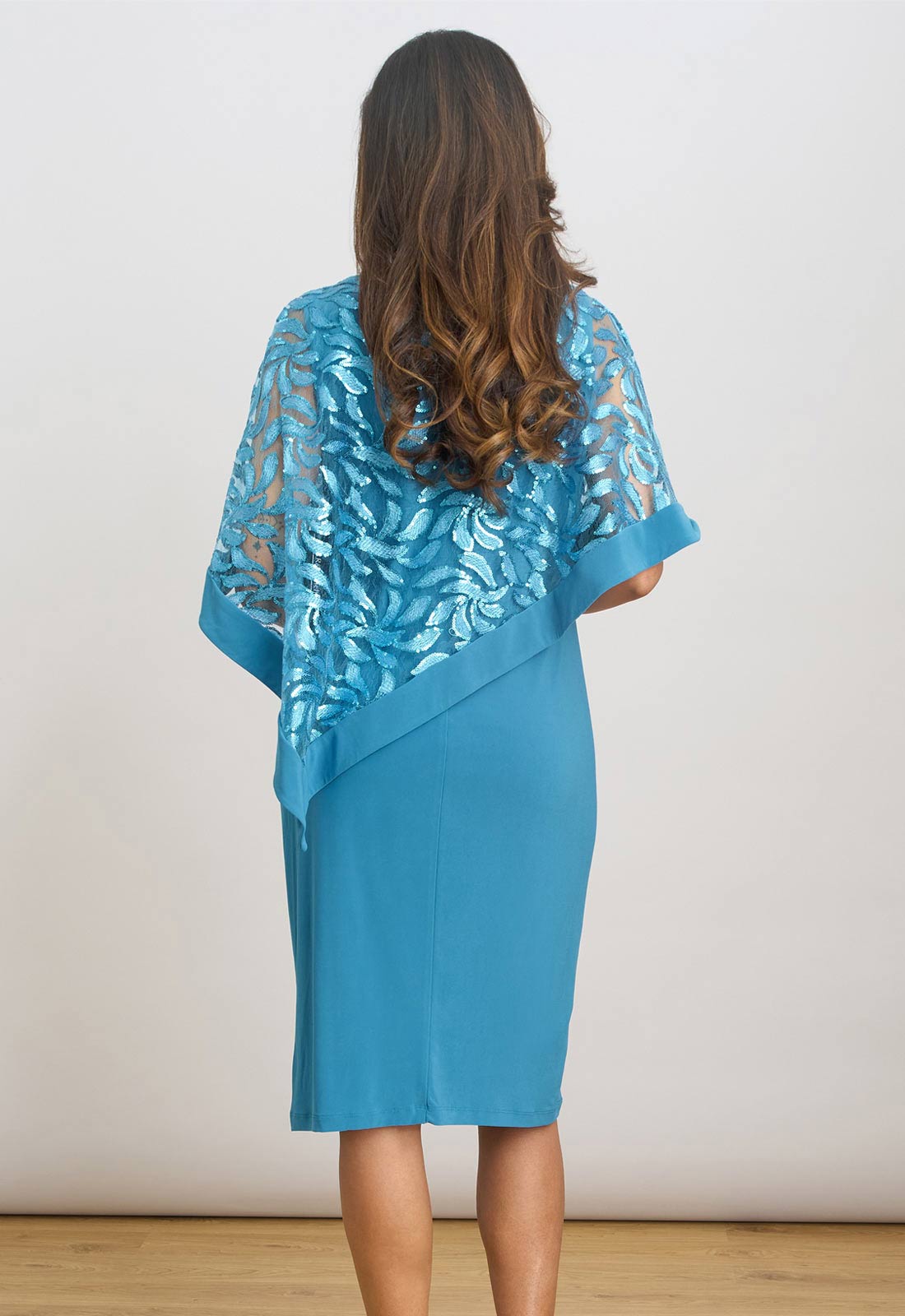Gina Bacconi Turquoise Darlene Embroidered Cape Dress