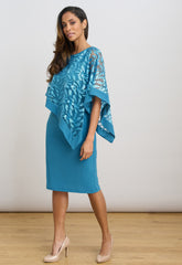 Gina Bacconi Turquoise Darlene Embroidered Cape Dress