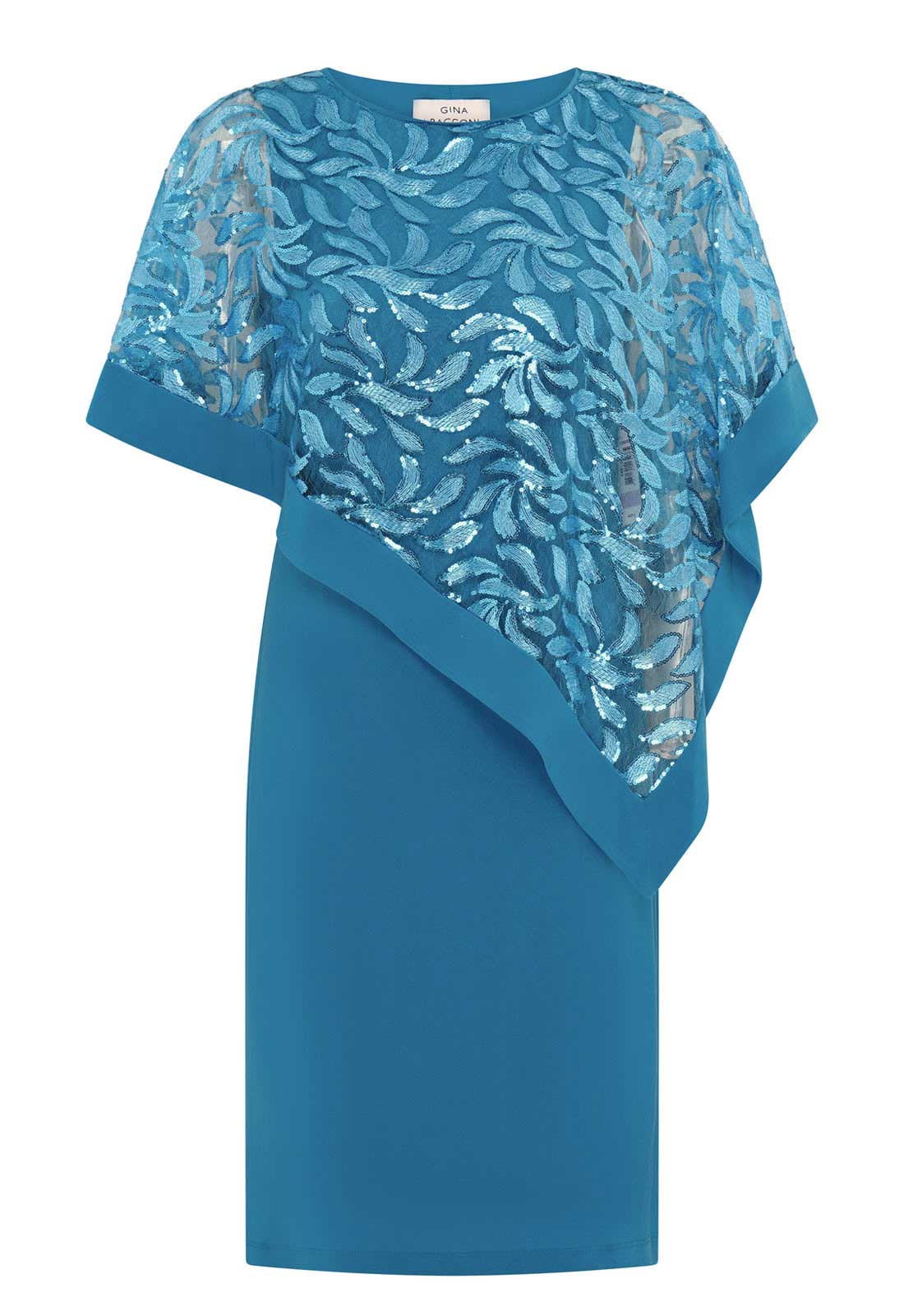 Gina Bacconi Turquoise Darlene Embroidered Cape Dress