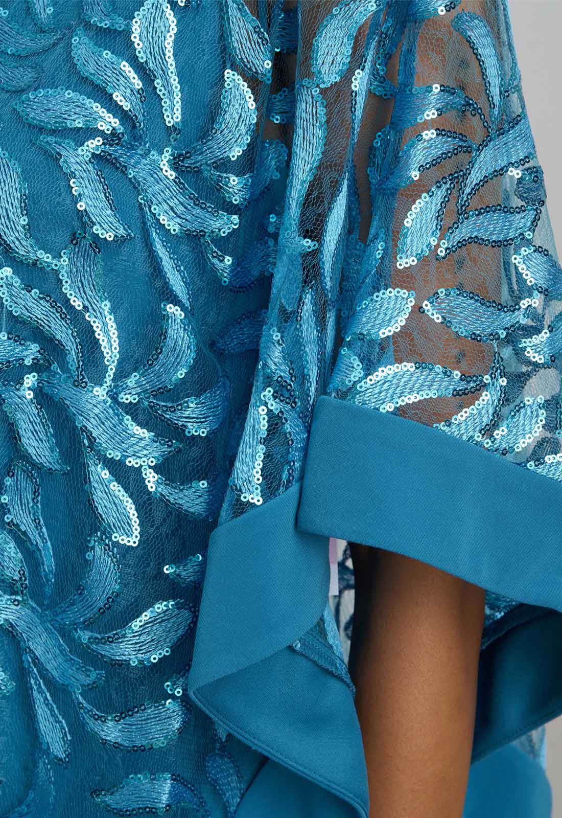 Gina Bacconi Turquoise Darlene Embroidered Cape Dress