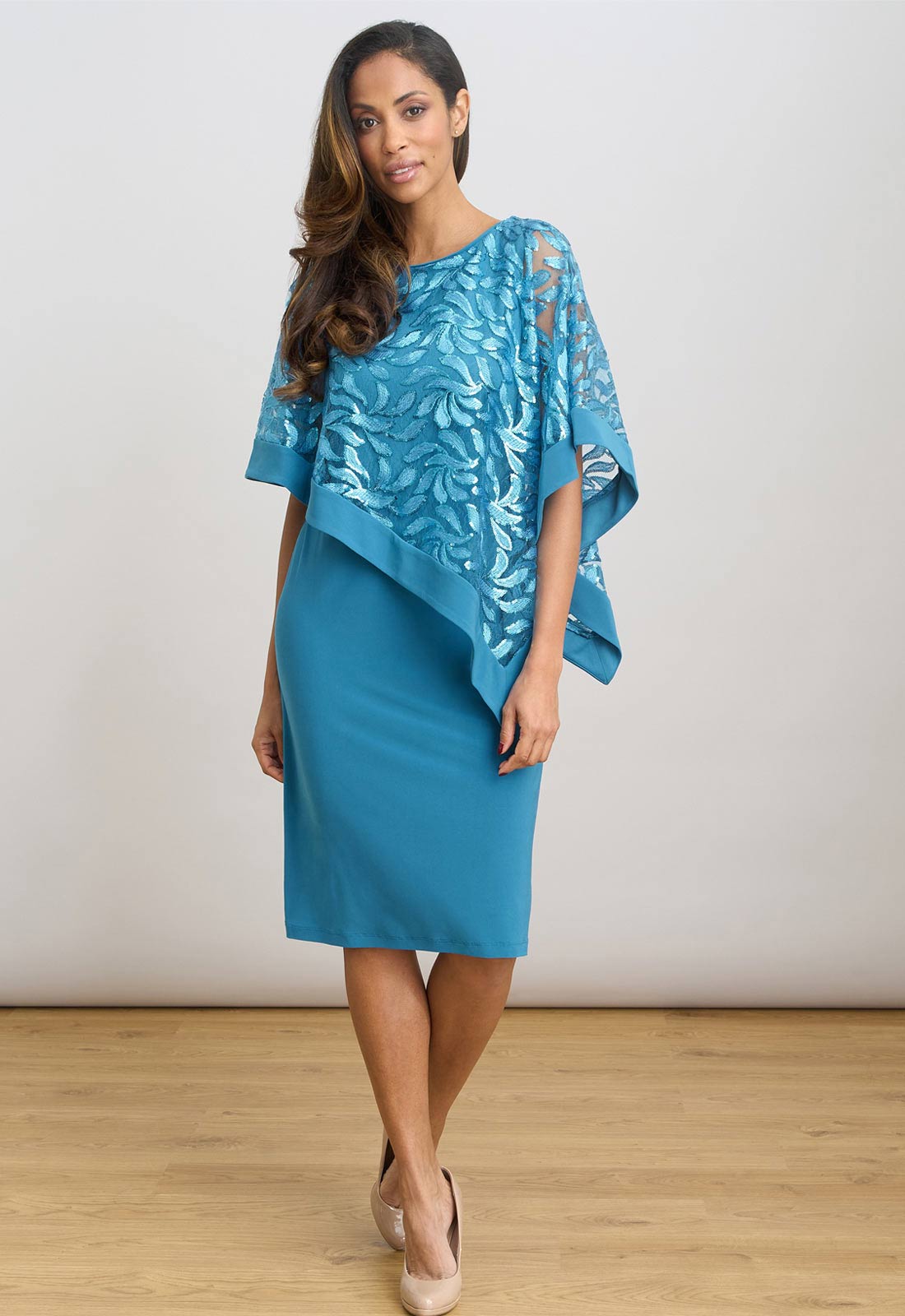 Gina Bacconi Turquoise Darlene Embroidered Cape Dress