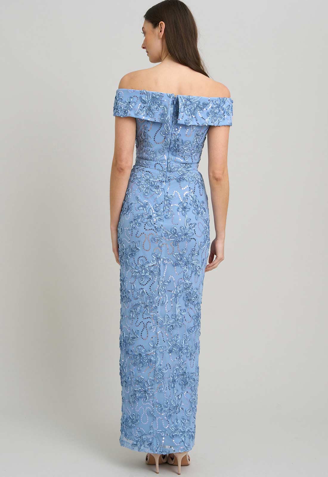 Gina Bacconi PERRI Janette Embroidered Sequin Off-Shoulder Maxi Dress