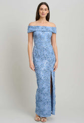Gina Bacconi PERRI Janette Embroidered Sequin Off-Shoulder Maxi Dress