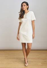 Gina Bacconi White Jinny Button Split Neck A-Line Dress