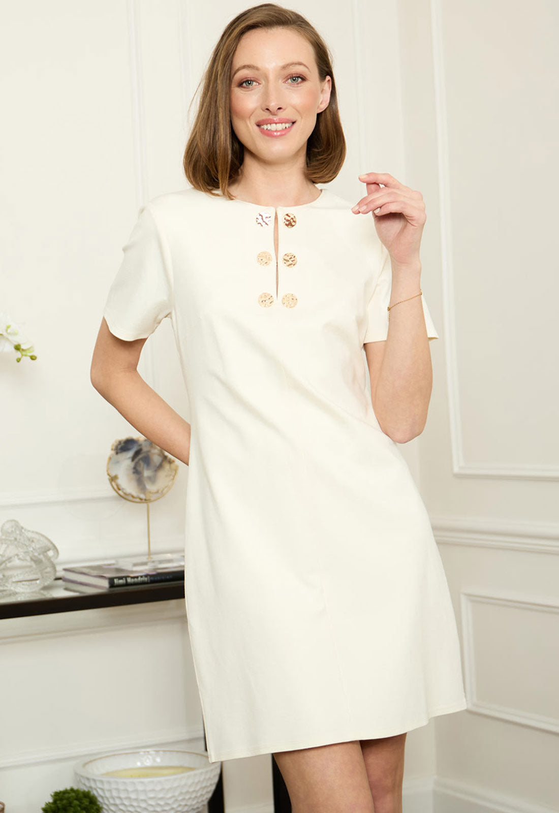 Gina Bacconi White Jinny Button Split Neck A-Line Dress