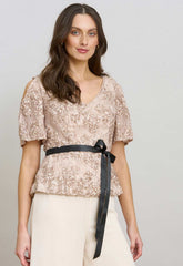 Gina Bacconi Nude Kitty V Neck Lace Blouse
