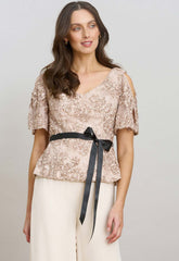 Gina Bacconi Nude Kitty V Neck Lace Blouse