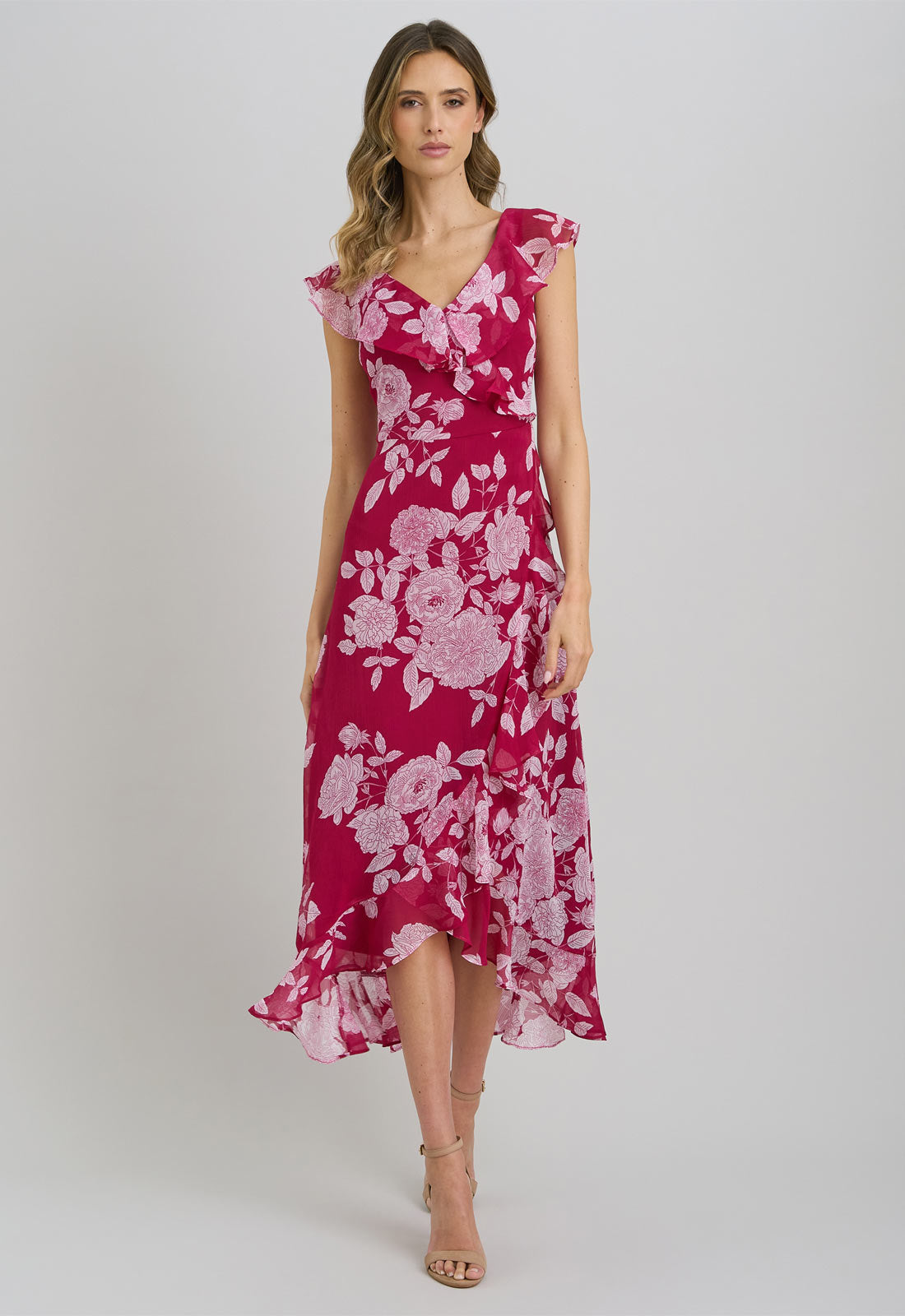 Gina Bacconi Red and White Marilyn Floral Print  Yoryu Dress