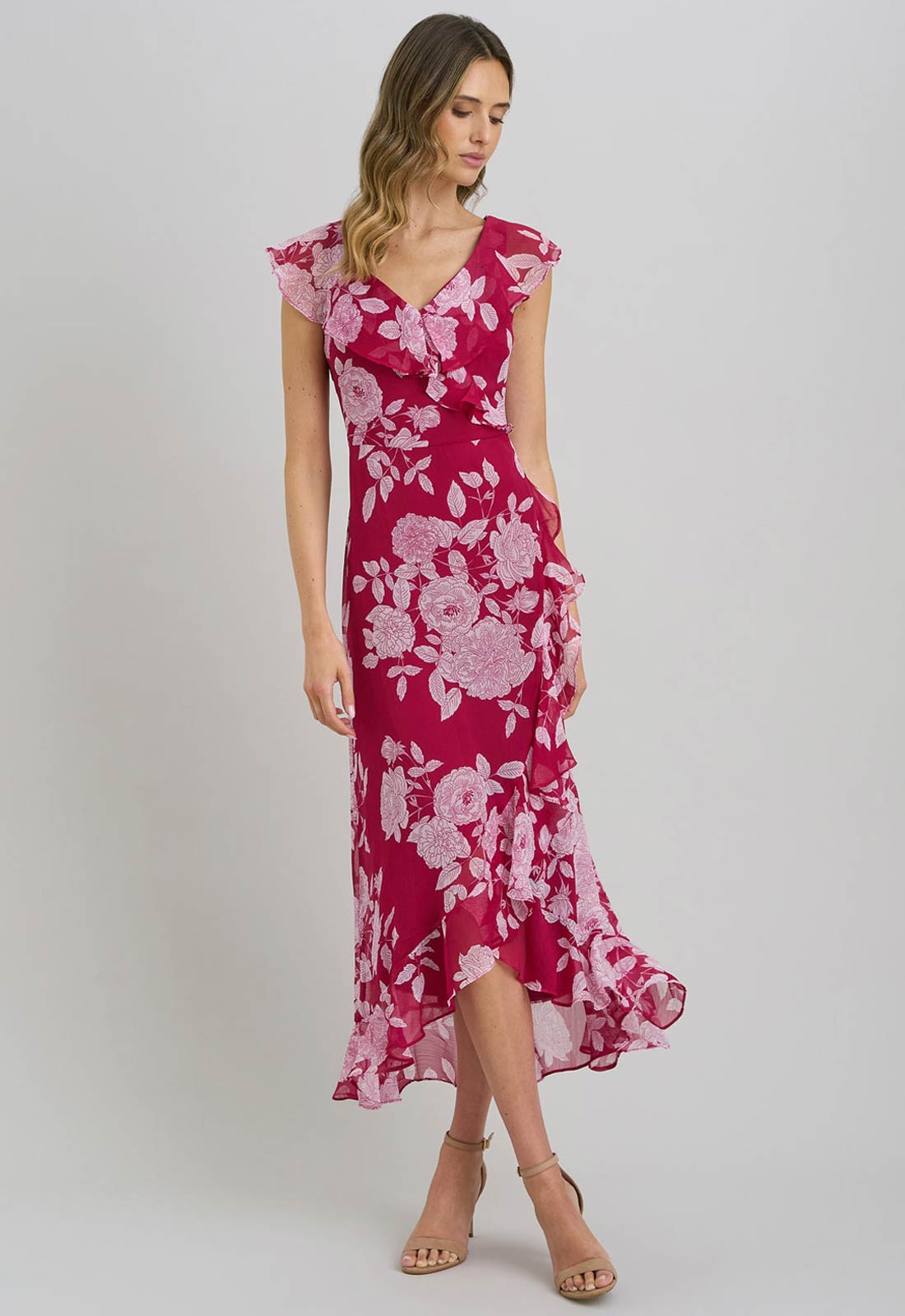 Gina Bacconi Red and White Marilyn Floral Print  Yoryu Dress