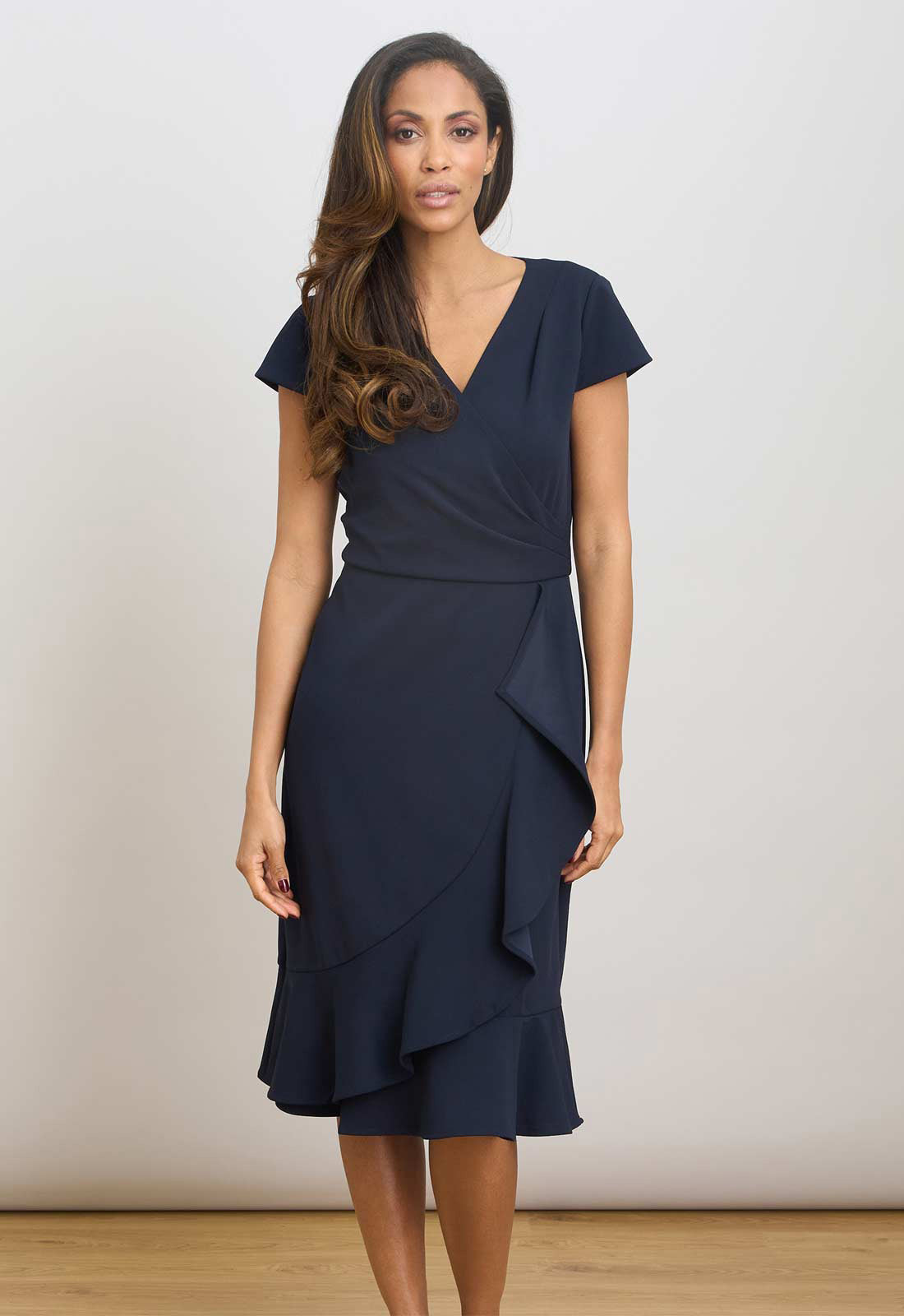 Gina Bacconi NAVY Ruffle Hem Crepe Dress