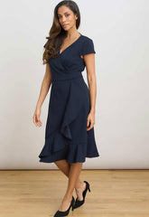 Gina Bacconi NAVY Ruffle Hem Crepe Dress