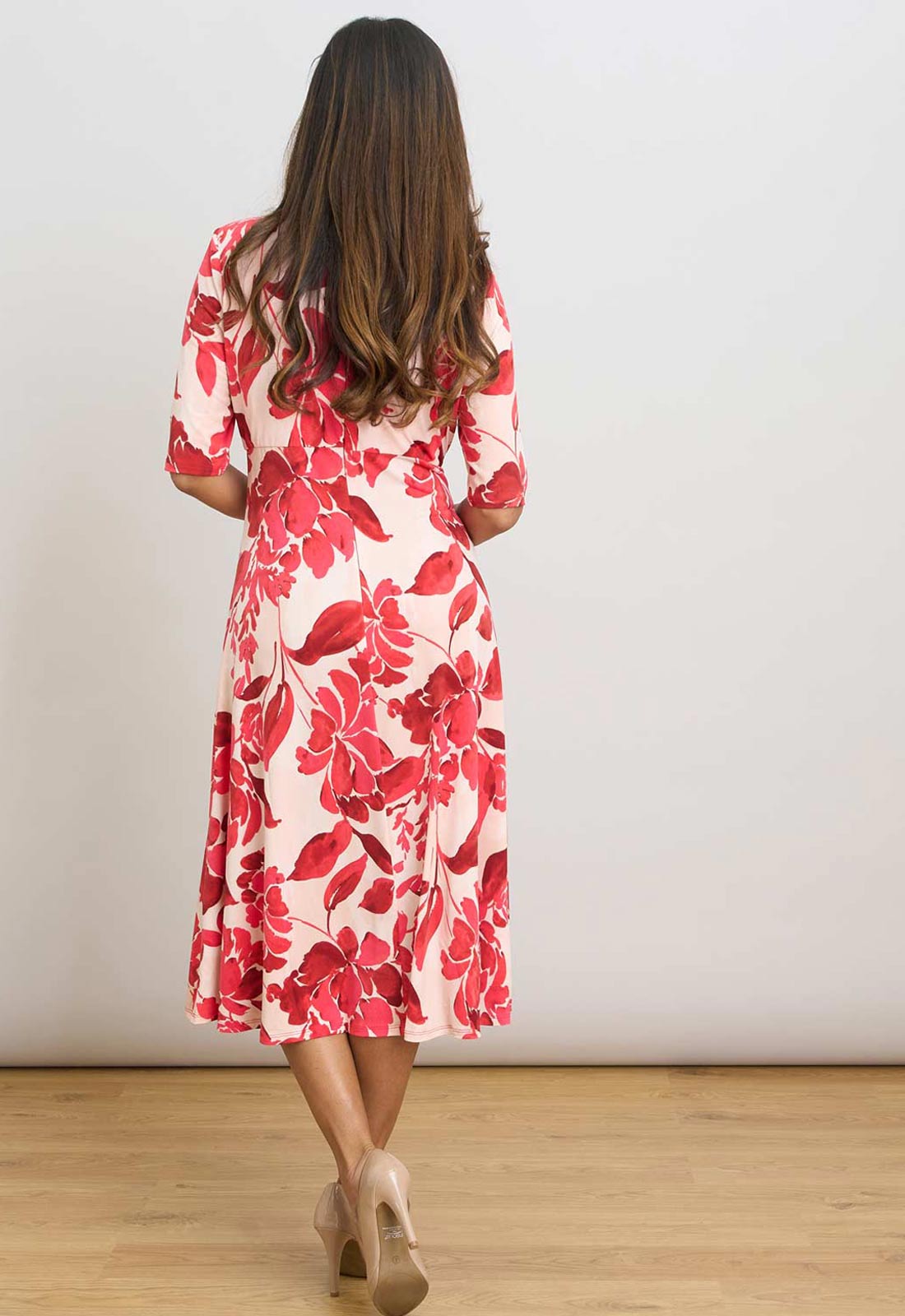 Gina Bacconi RED / WHITE Maybelle Short Sleeve Keyhole Print Midi Dress