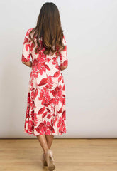 Gina Bacconi RED / WHITE Maybelle Short Sleeve Keyhole Print Midi Dress