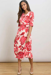 Gina Bacconi RED / WHITE Maybelle Short Sleeve Keyhole Print Midi Dress