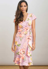 Gina Bacconi PINK Marlena Cap Sleeve Ruffle Print Dress