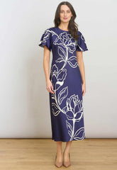 Gina Bacconi NAVY Meg Short Sleeve Print Midi Dress
