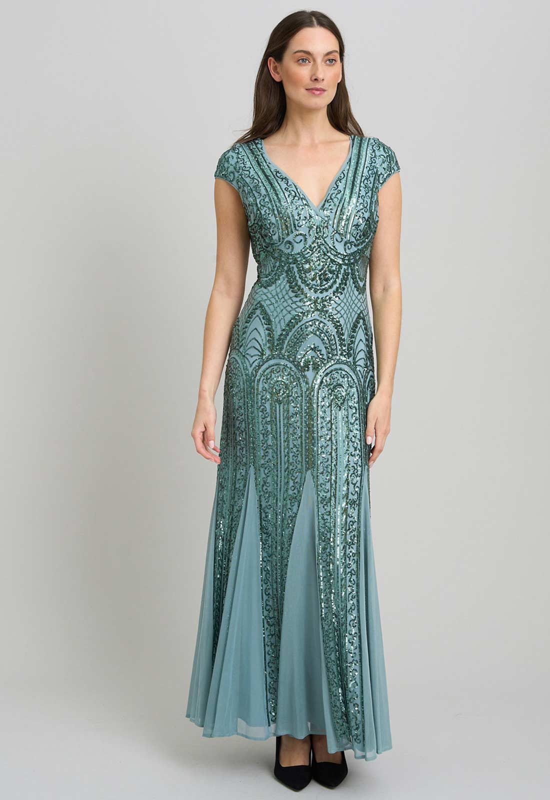 Gina Bacconi Sea Mist Mimsy V Neck Beaded Maxi Dress