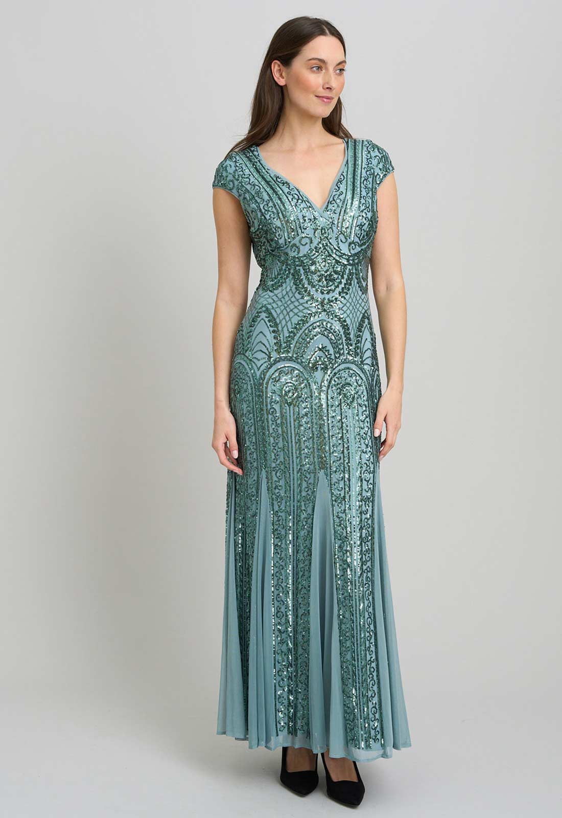 Gina Bacconi Sea Mist Mimsy V Neck Beaded Maxi Dress