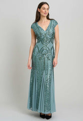 Gina Bacconi Sea Mist Mimsy V Neck Beaded Maxi Dress
