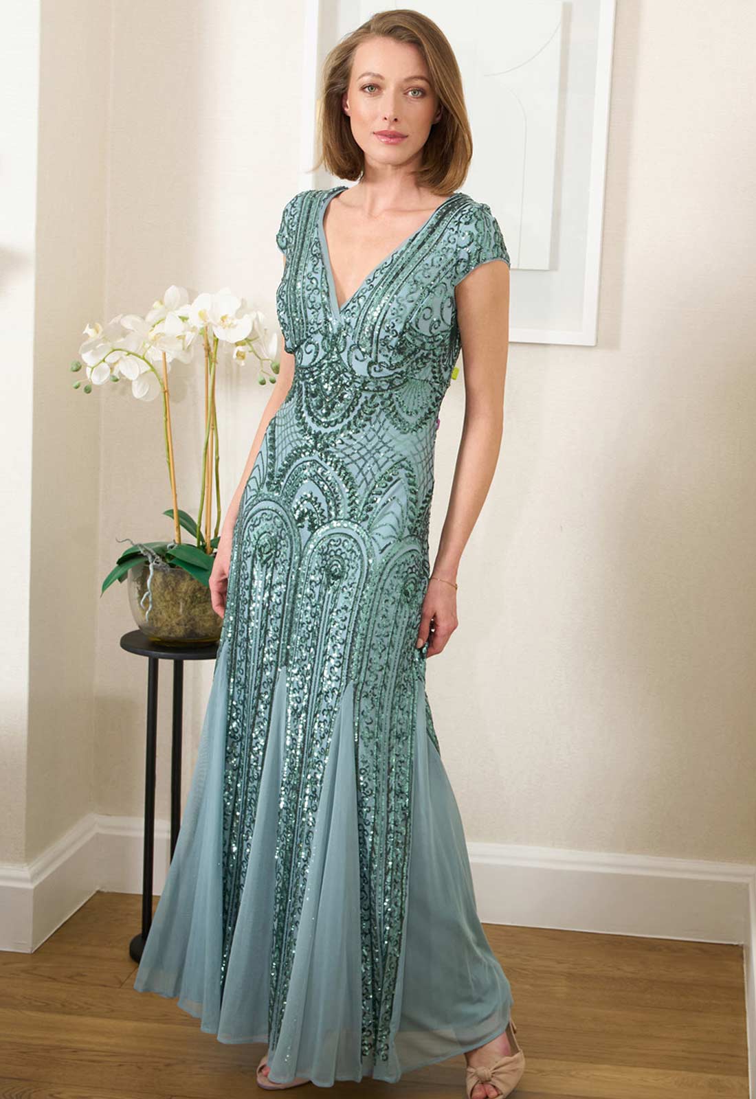 Gina Bacconi Sea Mist Mimsy V Neck Beaded Maxi Dress