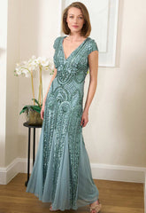 Gina Bacconi Sea Mist Mimsy V Neck Beaded Maxi Dress