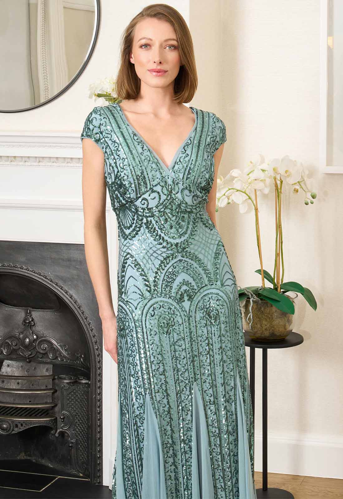 Gina Bacconi Sea Mist Mimsy V Neck Beaded Maxi Dress