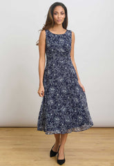 Gina Bacconi Navy Octavia Chiffon Floral Midi Dress