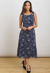 Gina Bacconi Navy Octavia Chiffon Floral Midi Dress