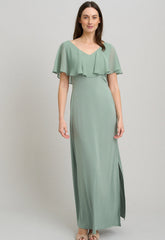 Gina Bacconi Sage Peaches V Neck Chiffon Frill Maxi Dress