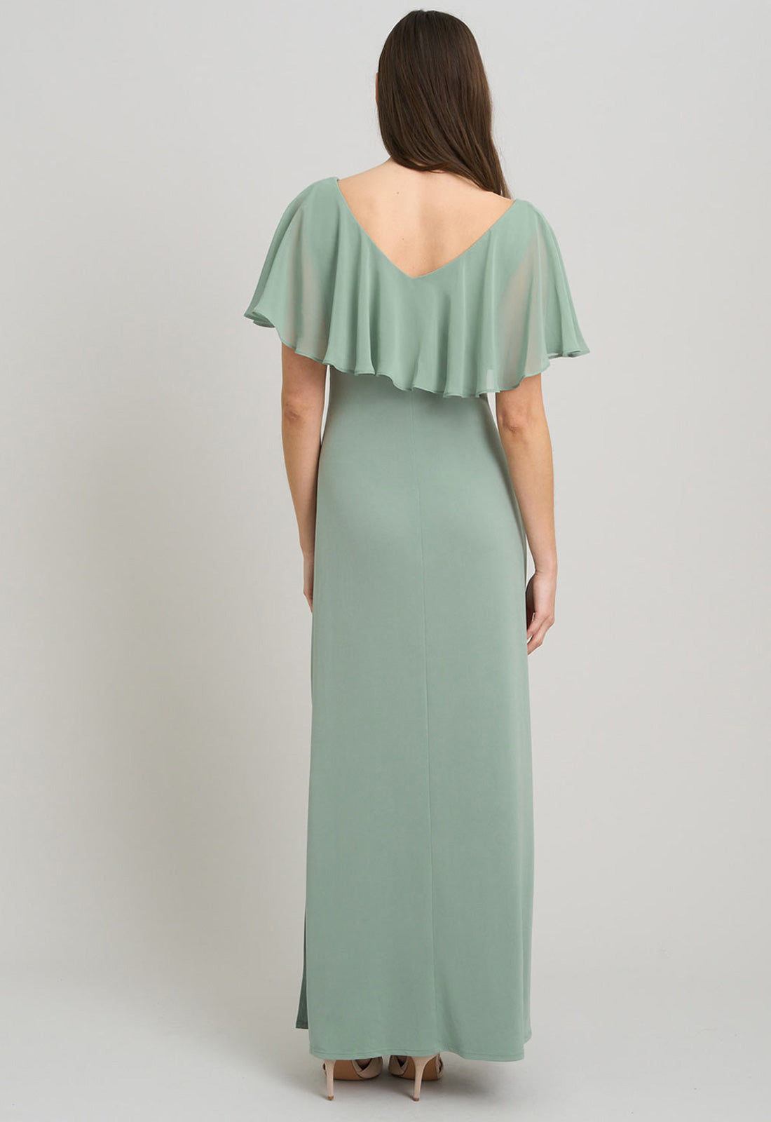 Gina Bacconi Sage Peaches V Neck Chiffon Frill Maxi Dress
