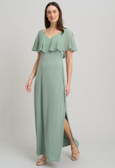 Gina Bacconi Sage Peaches V Neck Chiffon Frill Maxi Dress