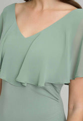 Gina Bacconi Sage Peaches V Neck Chiffon Frill Maxi Dress