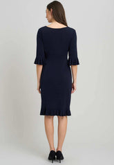 Gina Bacconi NAVY Faux Wrap Jersey Dress With Frill Hem