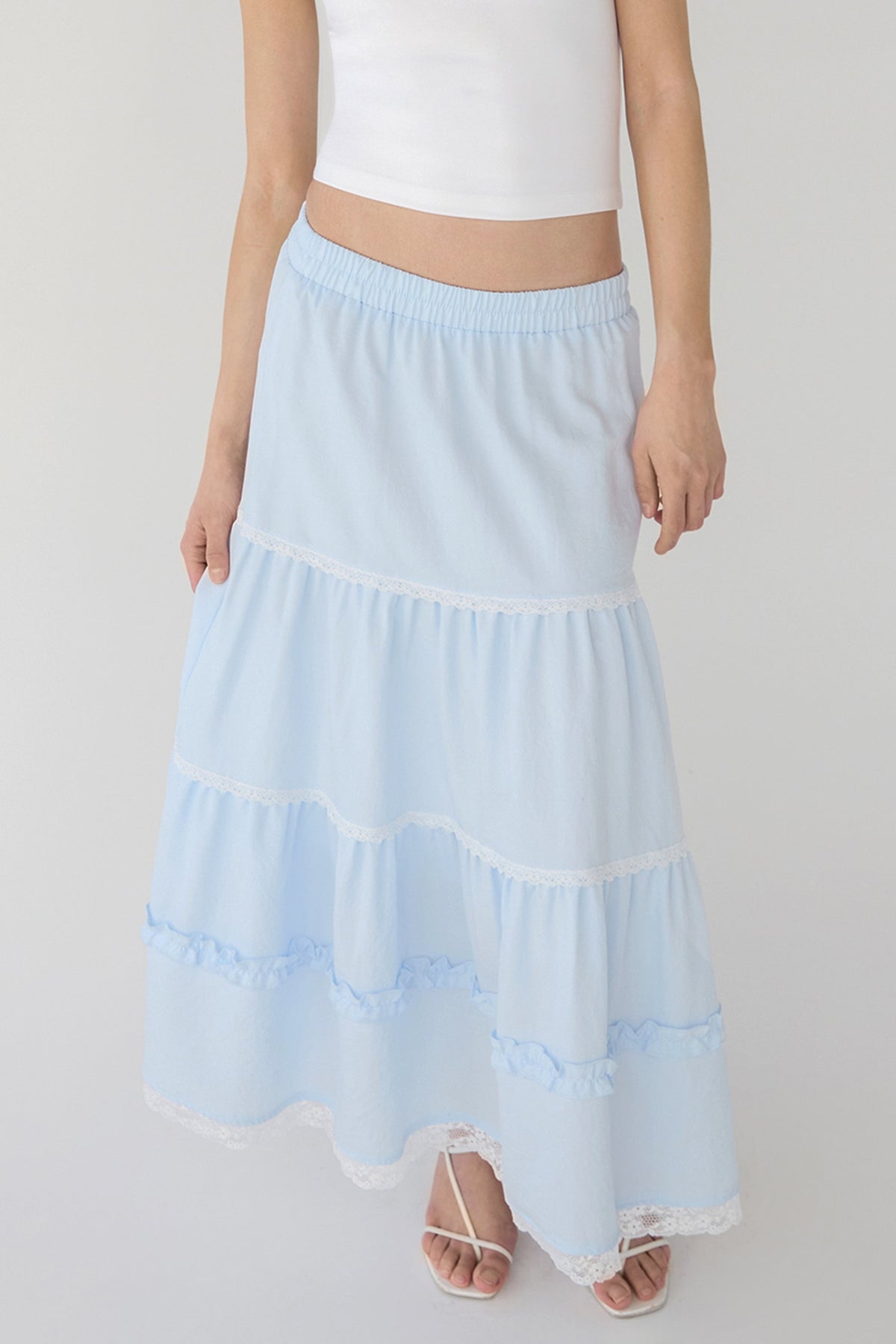 TIERED LACE TRIM MAXI SKIRT