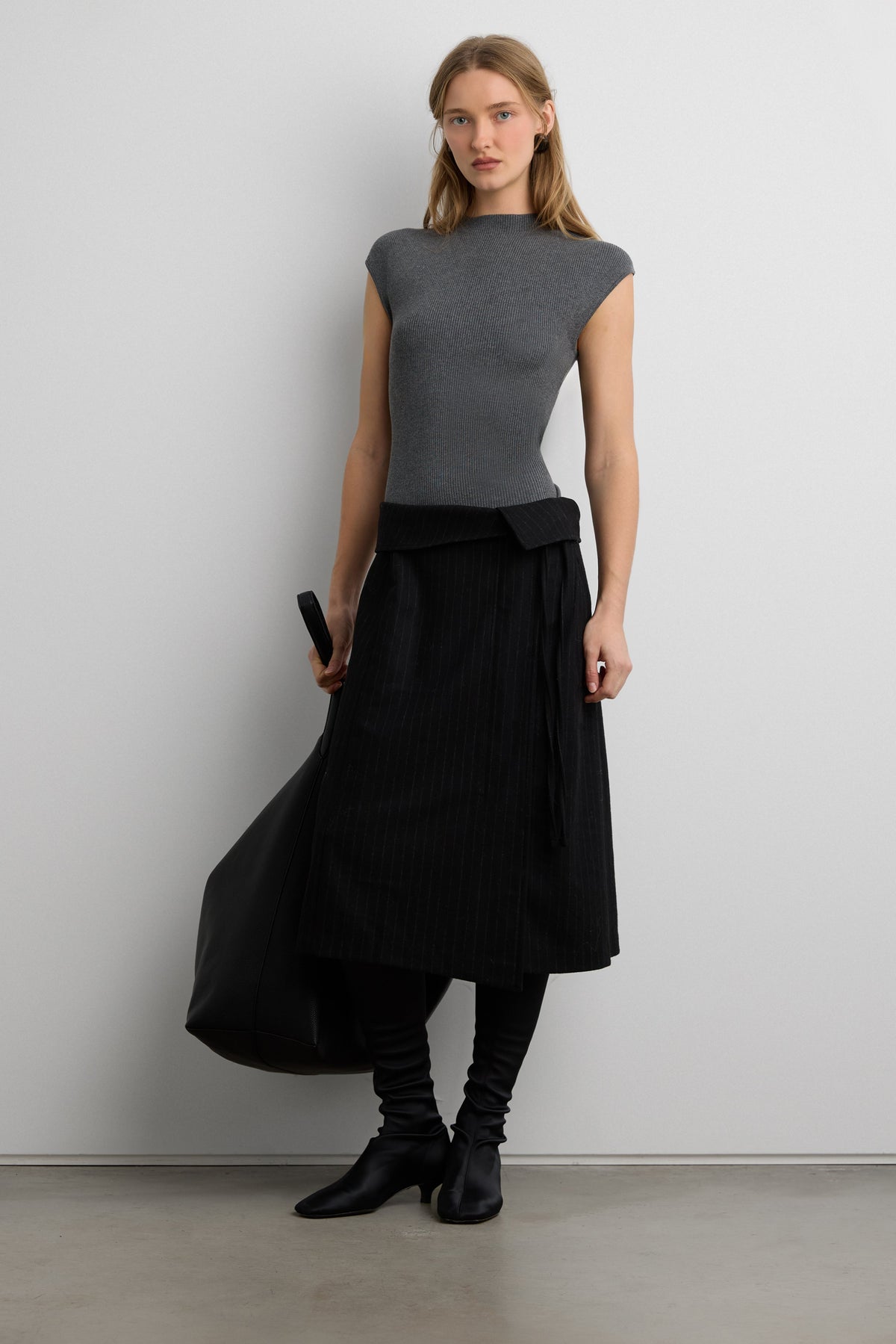 WOOL BLEND PINSTRIPE MIDI SKIRT WITH WAIST TIE