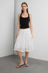 SHEER POLKA DOT MIDI SKIRT WITH RUFFLED HEM DETAIL