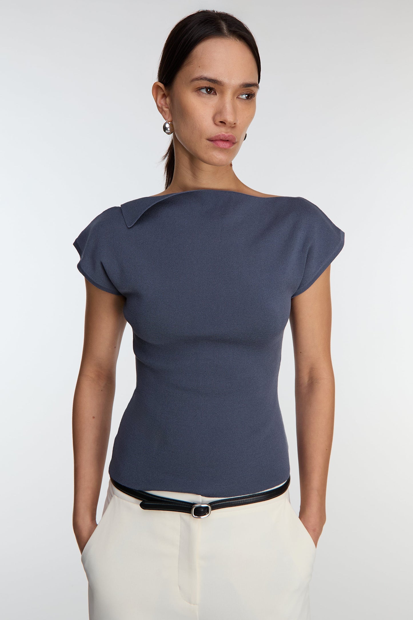ASYMMETRICAL OFF THE SHOULDER CAP SLEEVE SWEATER