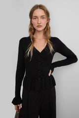 RIB-KNIT RUFFLED BUTTON FRONT CARDIGAN
