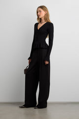 RIB-KNIT RUFFLED BUTTON FRONT CARDIGAN