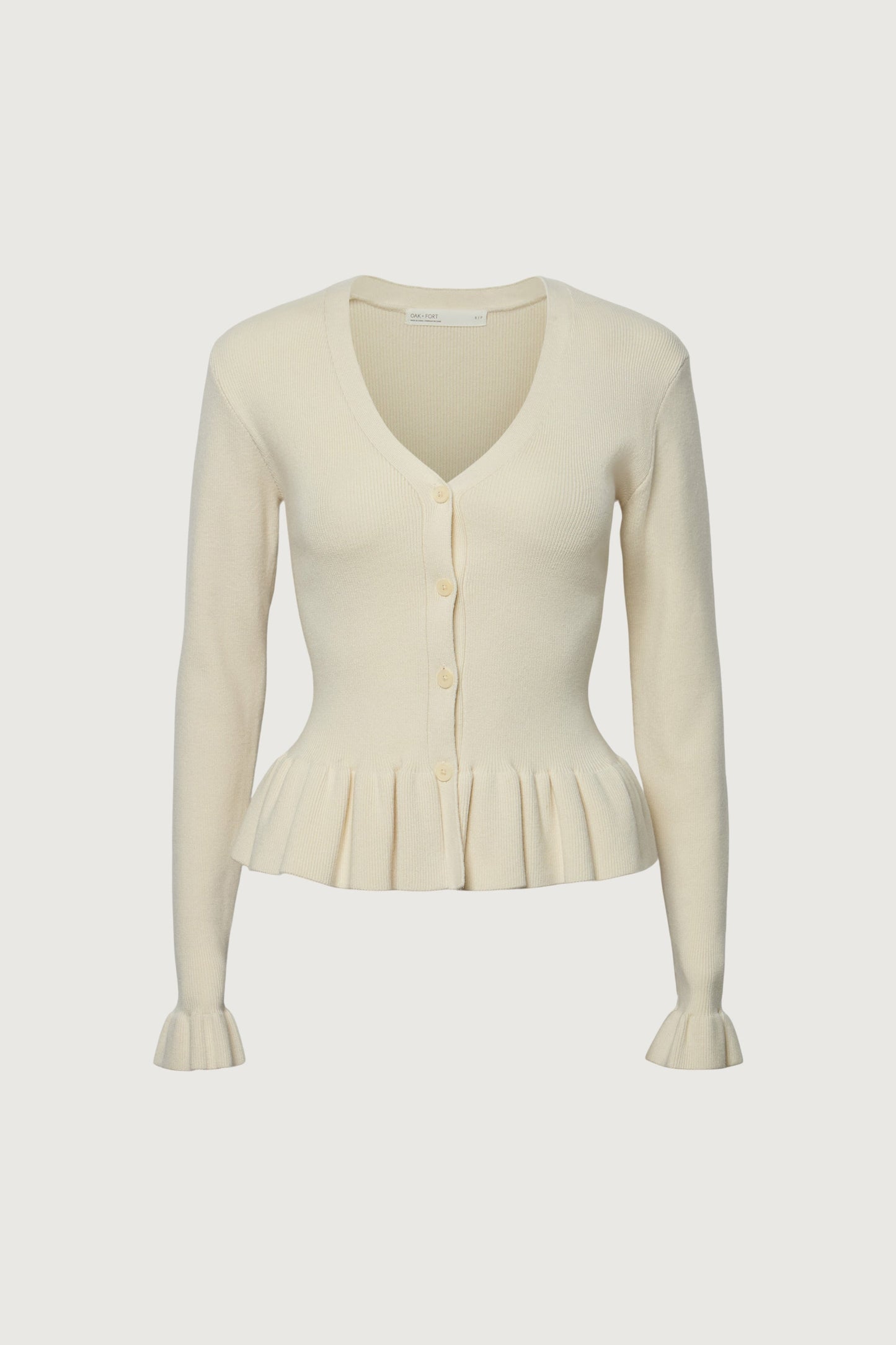 RIB-KNIT RUFFLED BUTTON FRONT CARDIGAN